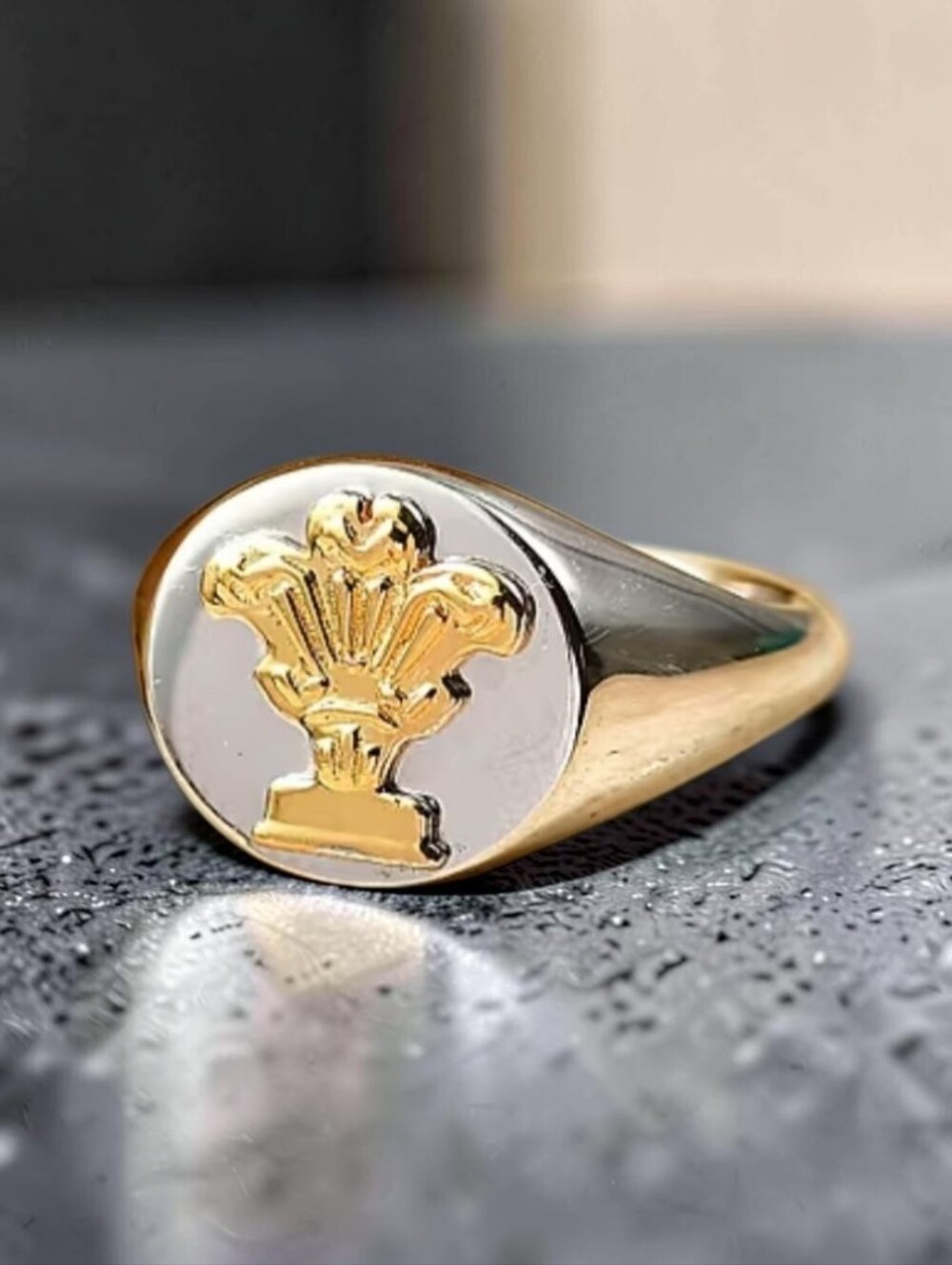 Rhodium & 14K YG Over Sterling Silver "Three Feathers" Signet Ring (Size 7.0) - Picture 5 of 5
